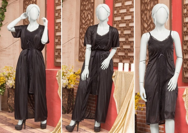 3 Pcs Premium Silk Nightwear Set With Lace | Satin Camisole & Shorts Sleepwear Free Size - SKU R-007 Black