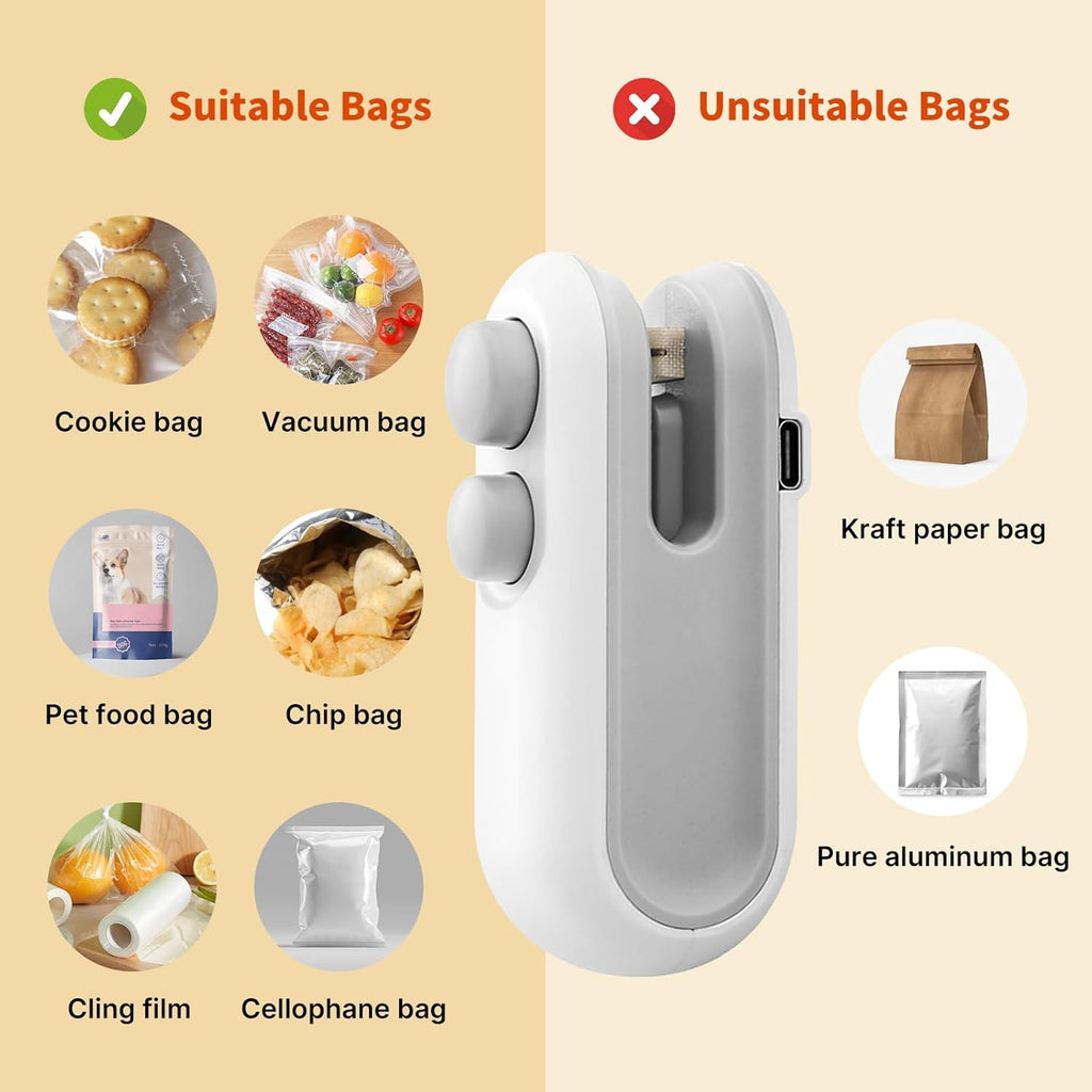 Heat Sealing Machine 2 in 1 Cutting and Sealer USB Rechargeable Food Sealer Mini Sealer for Snack Storage Food Sealer for Chip Bags, Plastic Bags, Food Storage