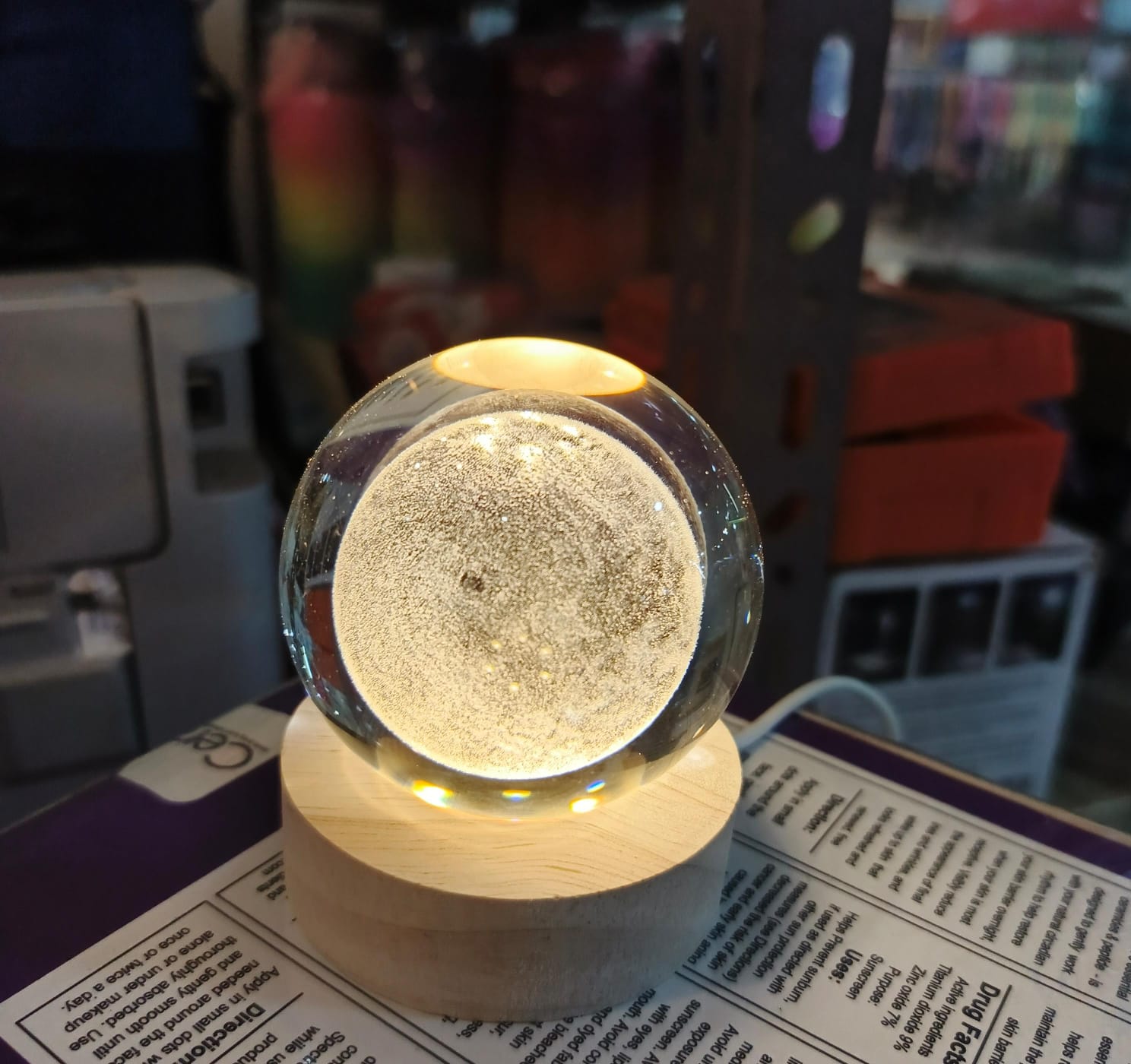 3D Crystal Ball Moon Night Light – Laser-Engraved Glass Sphere with Warm LED Wooden Base (Moon Shape Only)