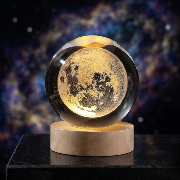 3D Crystal Ball Moon Night Light – Laser-Engraved Glass Sphere with Warm LED Wooden Base (Moon Shape Only)