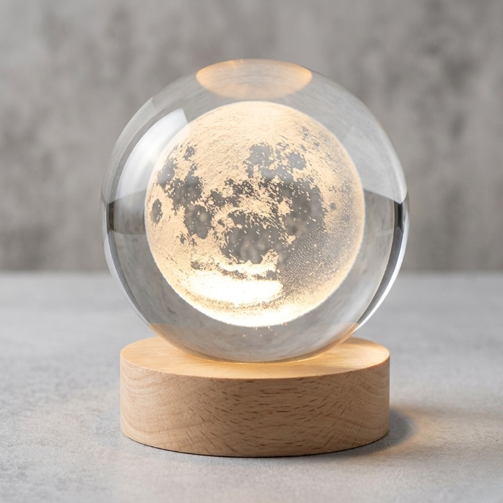 3D Crystal Ball Moon Night Light – Laser-Engraved Glass Sphere with Warm LED Wooden Base (Moon Shape Only)